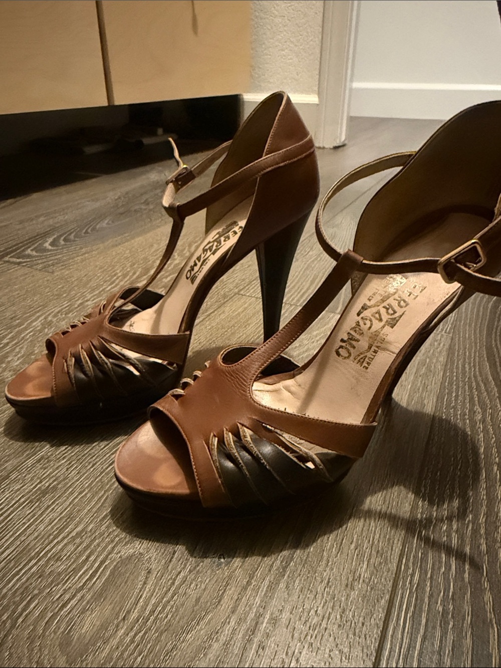 Salvatore Ferragamo Brown Two-Tone T-Strap High Heels
